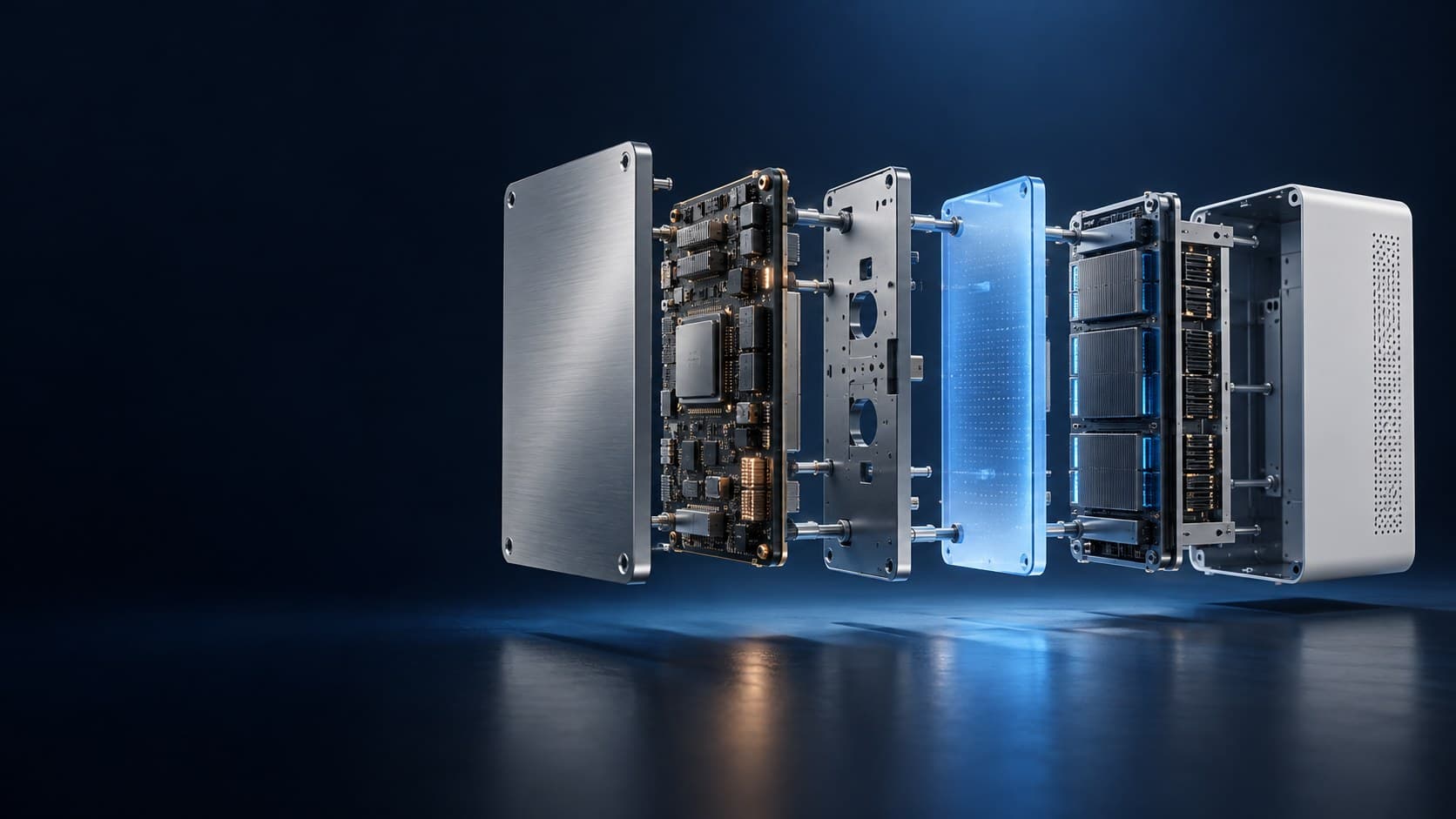 A system shown as separated layers: enclosure, boards, power, storage.