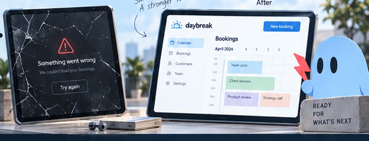 The same product before and after: a crashed error screen, then a working bookings calendar.